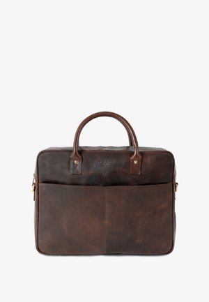 Dark brown leather briefcase with twin handles, front pocket, and subtle embossed branding, set against a white background.