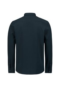 Donkerblauw shirt met lange mouwen, een kraag, knoopsluitingen aan de mouwen en een rechte zoom. Gemaakt van een gladde, lichte stof in een effen kleur.