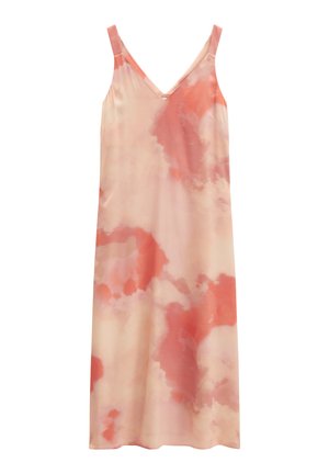 Ärmelloses Midi-Kleid mit V-Ausschnitt in Rosa- und Korall-Aquarell-Tie-Dye-Muster, geradem Schnitt und dünnen Trägern.