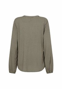 Long-sleeve blouse in a textured black and beige pattern, featuring a round neckline and gathered cuffs. Smooth fabric with a loose fit.