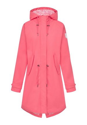 Giacca impermeabile rosa con cappuccio, vita regolabile con cordino e due tasche frontali. L'interno presenta una fodera a contrasto con un motivo.
