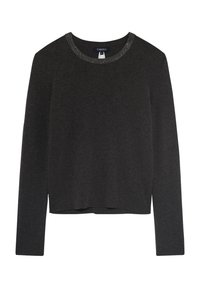 T-shirt à manches longues gris foncé avec un col rond orné d'un subtil accent métallique. Tissu doux avec une coupe ample et des fentes sur les côtés.