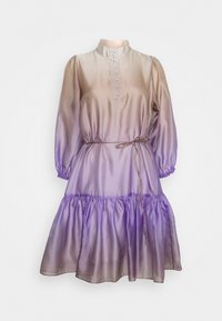Robe en soie avec dégradé ombragé du beige au violet, col haut, patte de boutonnage, manches longues et taille à cordon avec jupe évasée.