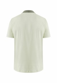 Ljusgrön kortärmad polo skjorta med en kontrasterande mörk krage. Slät textur, rena linjer och inga synliga mönster eller utsmyckningar.