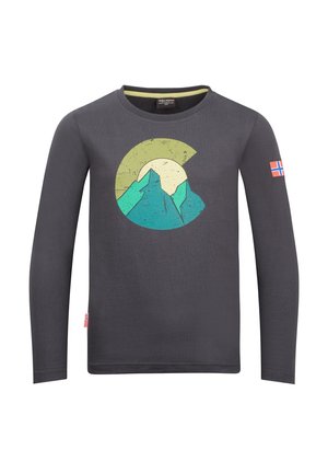 Dark gray long-sleeve shirt with a circular mountain and sun graphic on the front and a small Norwegian flag on the right sleeve.