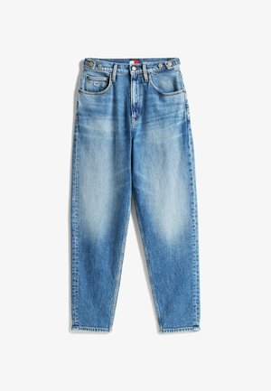 Light wash denim jeans with a high waist, straight legs, and five-pocket design. Features metal buttons and a subtle faded texture.
