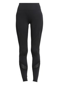 Leggings neri realizzati in tessuto elasticizzato con una cintura alta, caratterizzati da dettagli a pannello curvo e inserti in rete nella parte inferiore delle gambe.