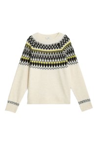 Krämfärgad tröja med geometriskt mönster i oket i svart, grått och gult, med ribbstickade ärmslut och nederkant. Mjuk textur och avslappnad passform.