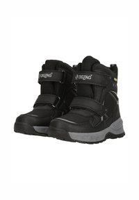 Bottes d'hiver noires avec deux bandes velcro réglables, en matériau synthétique durable, avec un col rembourré et une semelle en caoutchouc grise.