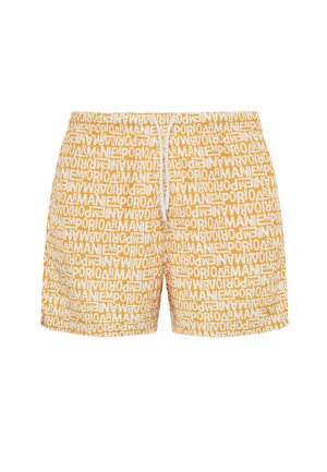 Shorts da bagno gialli con una stampa testuale bianca su tutta la superficie che riporta "Emporio Armani." Include un elastico in vita con stringa regolabile e un tessuto leggero.