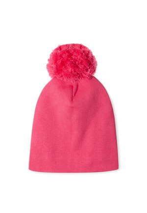 Bonnet en tricot rose avec un grand pompon duveteux sur le dessus. La texture est lisse avec un design côtelé, offrant un ajustement serré.