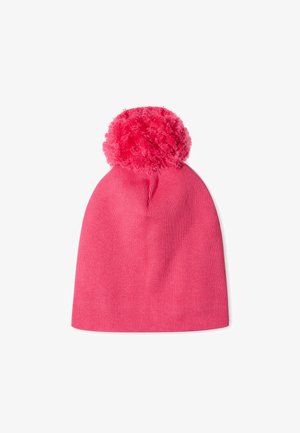 Pink knit beanie with a large, fluffy pom-pom on top. The texture is smooth with a ribbed design, offering a snug fit.
