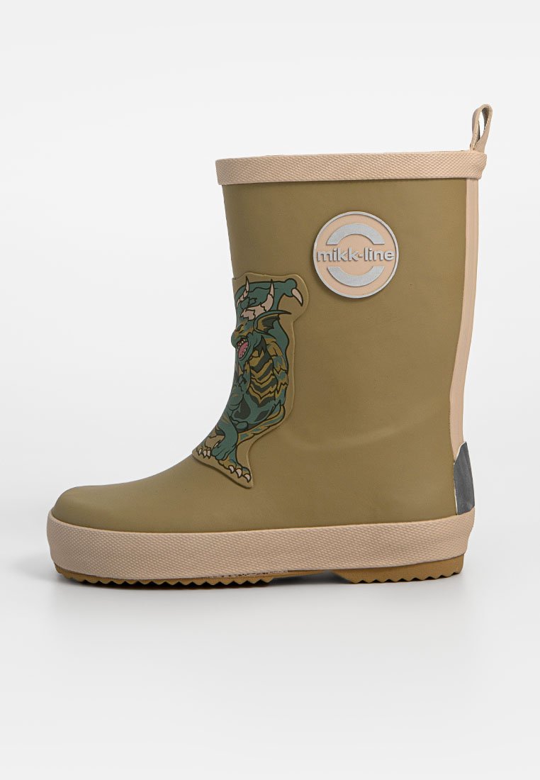 Olijfgroene kinderregenlaars met beige zool en afwerking, drakenafbeelding op de zijkant en een ronde "mikk-line" logopatch nabij de bovenkant.