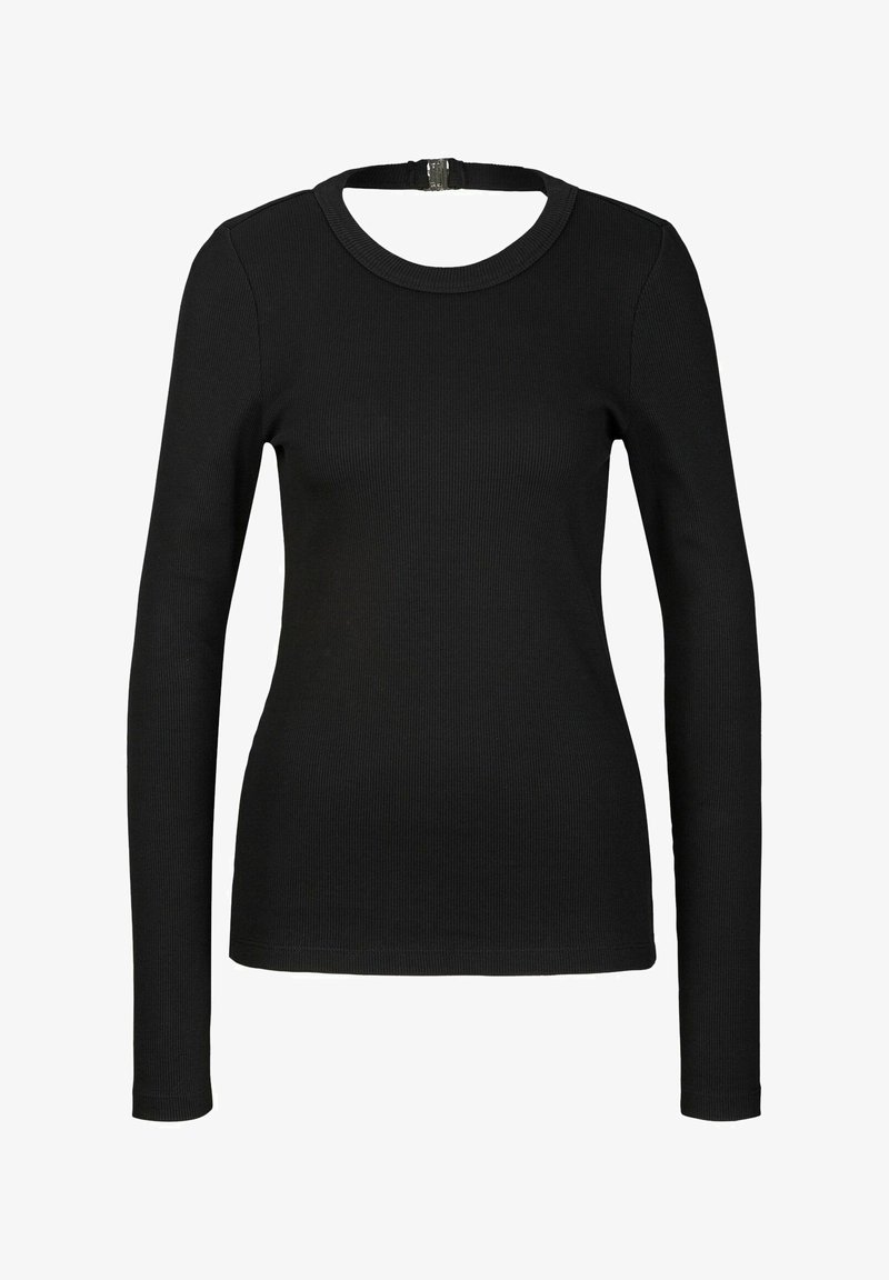 Zwarte lange mouwen ribgebreide top met een ronde halslijn en een ritssluiting aan de achterkant, met een getailleerd silhouet en een gladde textuur.