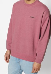 Sudadera rosa con cuello redondo acanalado, mangas largas y dobladillo recto. Presenta un pequeño logo negro de Levi's en el pecho. Textura suave.