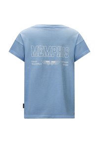 Jasnoniebieska bawełniana koszulka z krótkim rękawem, okrągłym dekoltem i nadrukiem z tyłu, na którym znajduje się napis "MEMPHIS" oraz grafika skrzydeł.