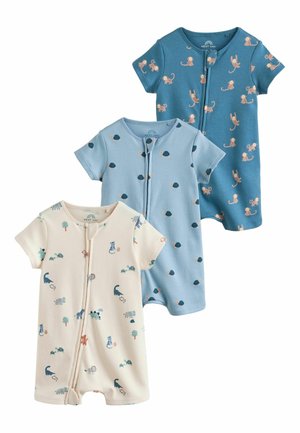 Three short-sleeve baby rompers with front zippers; one cream with jungle animals, one light blue with turtles, one blue with monkeys.