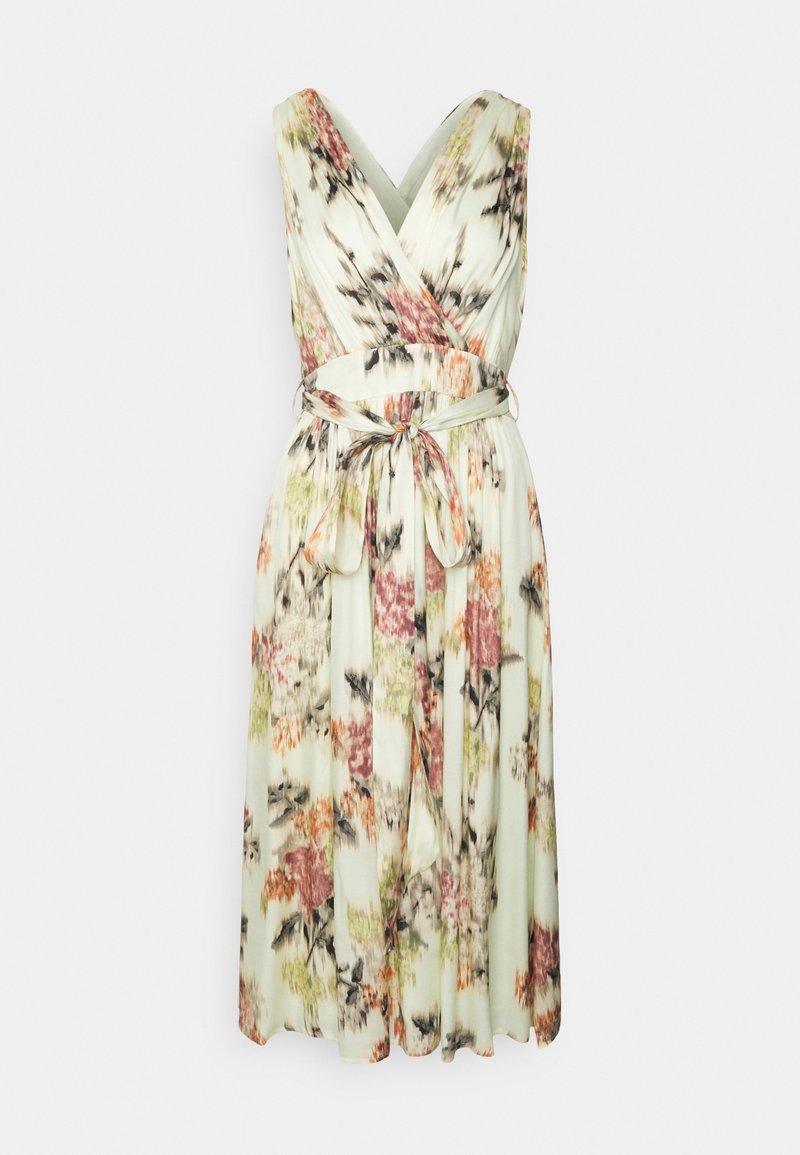 Robe midi sans manches à motif floral avec corsage cache-cœur à col en V et ceinture assortie nouée à la taille.