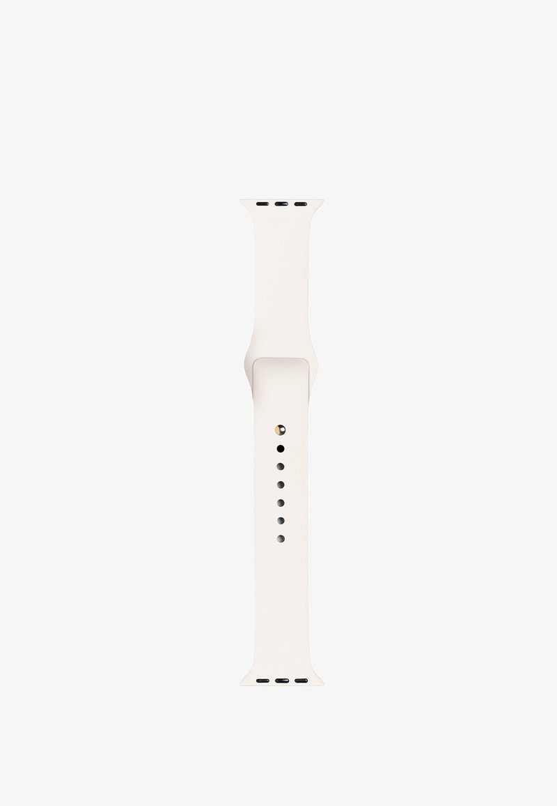 Bracelet de montre en silicone blanc avec plusieurs trous de réglage et connecteurs aux deux extrémités pour fixation à une montre connectée.