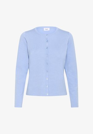 Svetlo modrý kardigán s okrúhlym výstrihom, dlhými rukávmi a šiestimi prednými gombíkmi. Vyrobený z mäkkého, jemného pleteného materiálu. Jednoduchý a čistý dizajn.