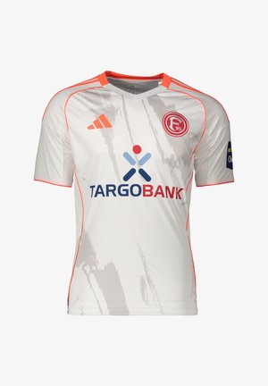 Witte voetbalshirt met oranje accenten, Adidas-logo, Fortuna Düsseldorf-badge en TARGOBANK-sponsorlogo op de voorkant.
