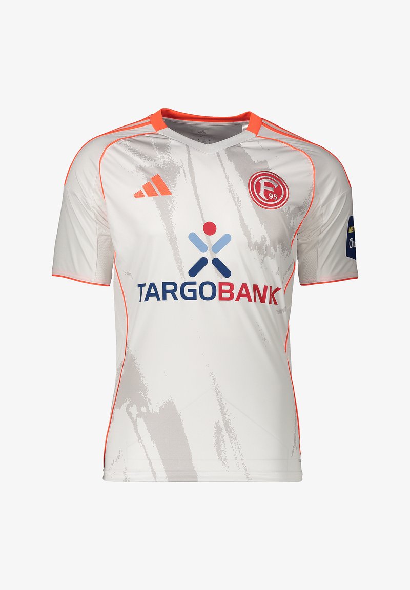 Maillot de football blanc avec accents orange, logo Adidas, écusson de Fortuna Düsseldorf et logo du sponsor TARGOBANK sur le devant.