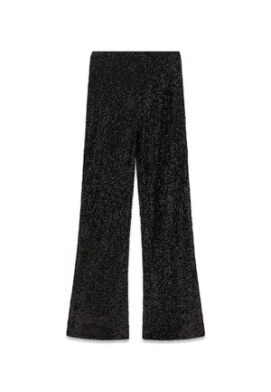 Schwarze, ausgestellte Hose aus strukturiertem, funkelndem Material. Breiter elastischer Bund und lange Beine. Weiches, schimmerndes Finish überall.