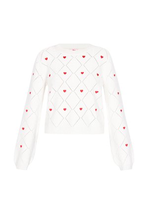 Witte gebreide trui met rode hartpatronen en een diamantdesign. Beschikt over lange, bolle mouwen en een geribbelde zoom.