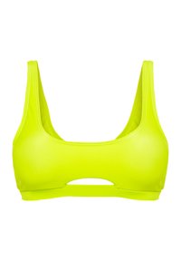 Neón žltý športový podprsenka s výstrihom do lodičky a širokými ramienkami. Obsahuje výrez detail v prednej časti. Hladký povrch a elastický materiál.