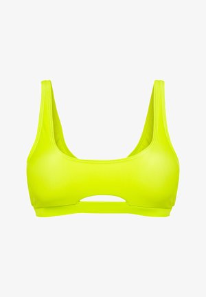 Neon gul sports-bh med rund udskæring og brede stropper. Har et udsnitdetail foran. Glat tekstur og strækbart materiale.