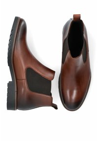 Brązowe skórzane botki Chelsea z elastycznymi bocznymi panelami, okrągłym noskiem i teksturowaną gumową podeszwą. Gładkie wykończenie i wysokość do kostki.