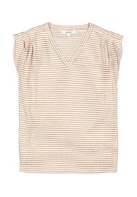 Top corto de color beige claro con delgadas rayas marrones verticales. Diseño de escote en V con sutiles pliegues en los hombros. Tejido suave y texturizado.