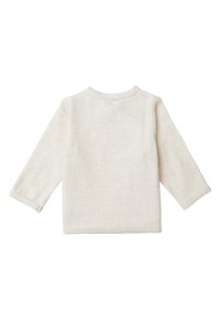 Lichtbeige langemouwen shirt van ribstof. Ronde hals, zachte textuur en rauwe randen op de mouwen en de zoom.