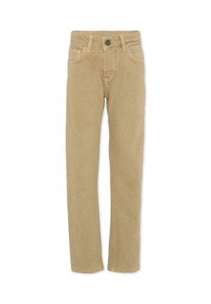 Pantaloni in cotone beige con gambe dritte, design a cinque tasche, chiusura frontale con bottone e dettagli di cucitura discreti.