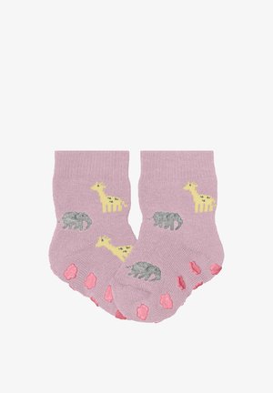 Roze babysokjes met antislip, met gele giraffe- en grijze olifantenpatronen.