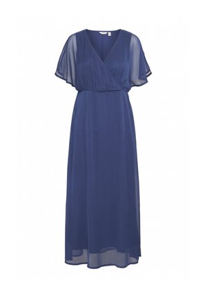 Robe maxi bleu marine avec un devant enveloppant, des manches courtes évasées et une texture lisse et transparente. Présente une taille ajustée et un design longueur sol.