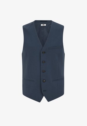 Tumši zila bez piedurknēm veste, izgatavota no gludas auduma, ar V-veida kakla izgriezumu, piecu pogu aizdari un divām sānu kabatām. Piemērota oficiālām apģērba vajadzībām.