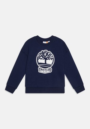 Felpa blu navy in cotone, con logo di un albero bianco e design "Timberland Established 1973" al centro, con polsini a coste.