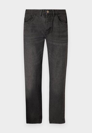 Sorte denimbukser med rett snitt, fem lommer og knappelukking. Stoffet har en jevn tekstur med en lett falmet effekt.