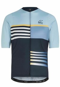 Maillot de cyclisme à manches courtes présentant une combinaison de couleurs bleu et marine avec des rayures horizontales et une fermeture éclair sur le devant, fabriqué en tissu léger.