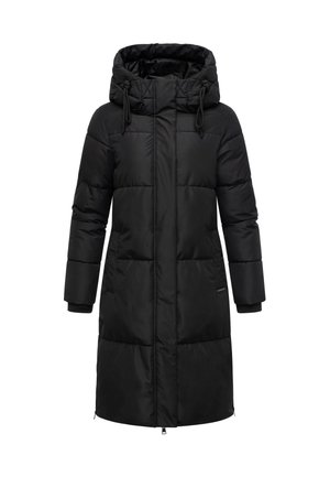 Schwarz langer gepolsterter Wintermantel mit Kapuze und verstellbaren Kordeln, Frontreißverschluss und seitlichen Taschen, entworfen für kaltes Wetter.