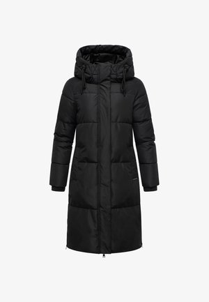 Črna dolga podložena zimska jakna s kapuco in nastavljivimi vrvicami, sprednjim zadrgo in stranskimi žepi, namenjena za hladno vreme.