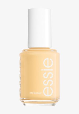 Flesje lichtgeel Essie nagellak met witte dop en wit verticale logo op een effen achtergrond.