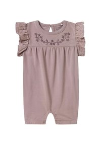 Romper rosa a maniche corte con ricami floreali sul petto, maniche arricciate e chiusure a pressione sul fondo per una facile vestizione.