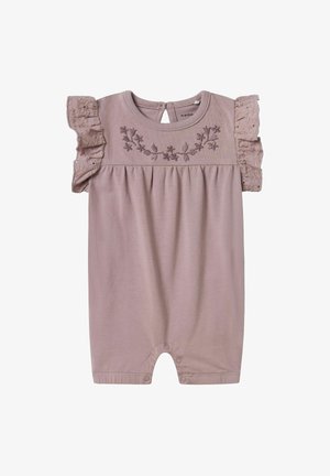 Rozā īsu piedurkņu romperis ar ziedu izšuvumu uz krūtīm, frillētām piedurknēm un ar pogām apakšā vieglai uzģērbšanai.