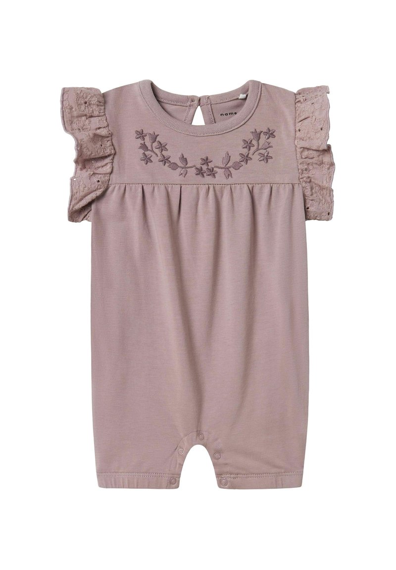 Romper rosa a maniche corte con ricami floreali sul petto, maniche arricciate e chiusure a pressione sul fondo per una facile vestizione.