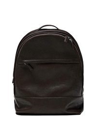 Dark brown leather backpack with smooth texture, curved top, front zipper pocket, and a padded back for comfort. Circular handle on top.