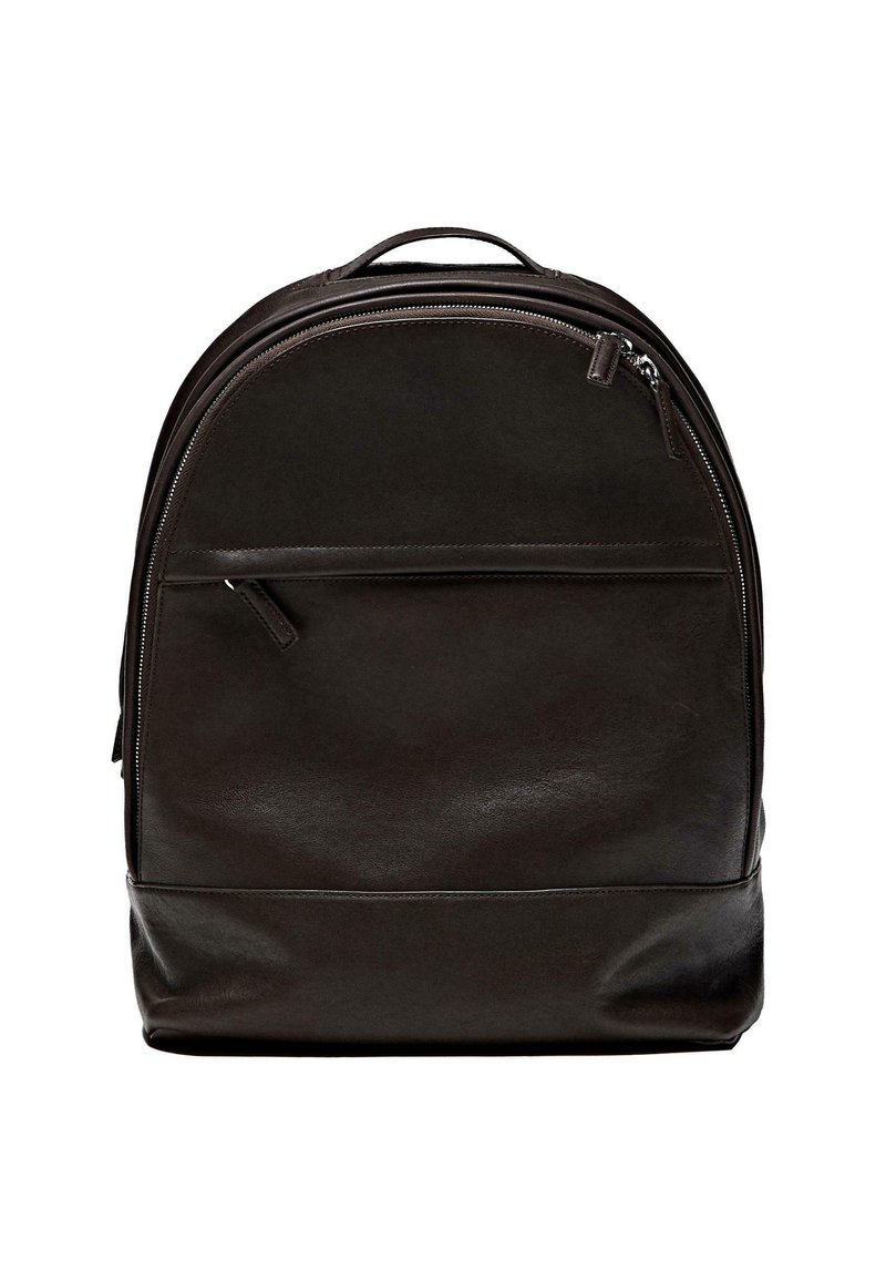 Dark brown leather backpack with smooth texture, curved top, front zipper pocket, and a padded back for comfort. Circular handle on top.