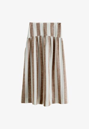 Jupe midi à rayures verticales marron et blanc, taille froncée et ourlet droit, présentée sur fond blanc.