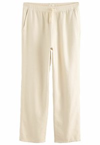 Pantalons beige, légers, à coupe décontractée avec une taille élastique et un cordon de serrage. Comprend deux poches latérales et une texture de tissu lisse.